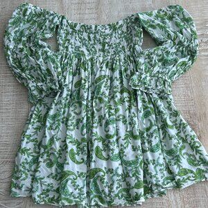 Misa Los Angeles Green White Paisley Off Shoulder Smocked Mini Dress Size XL